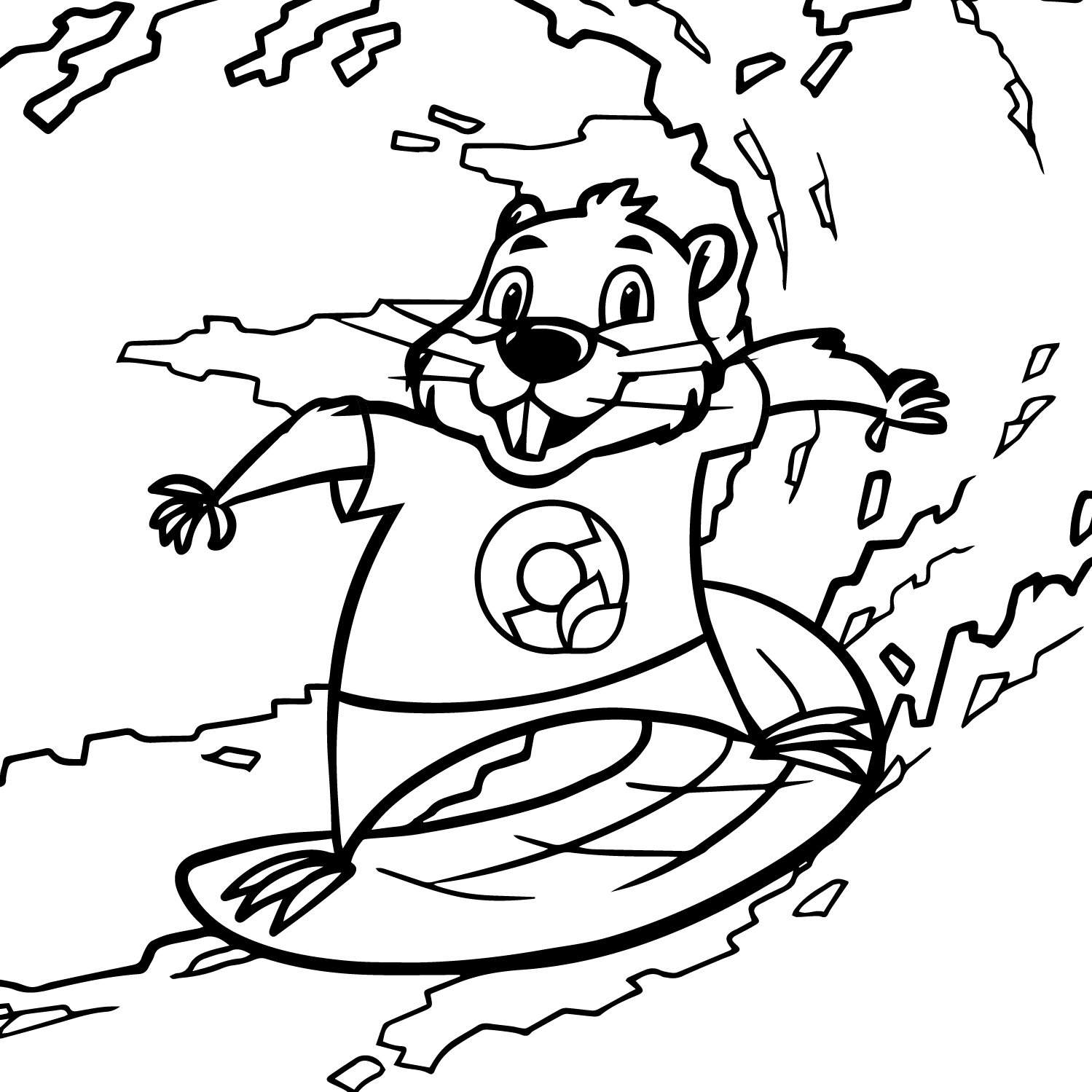 Chipper the beaver surfing down a wave of mulch.